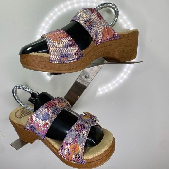 Dansko Womens Sz 38EU US  7,5 Sophie Violet Floral Sandals Clogs Snake Skin - Picture 1 of 7
